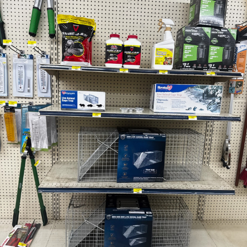 Store shelves display pest control products including traps, sprays, and powders. Nearby, gardening tools hang on a perforated wall. Bright, organized setting.