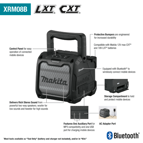 Makita XRM08B 18V LXT® / 12V max CXT® Lithium‑Ion Cordless/Corded Bluetooth® Job Site Speaker, Tool Only