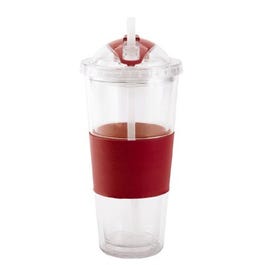 Iced Beverage Cup, Double-Wall Plastic, Red Straw & Sleeve, 20-oz.